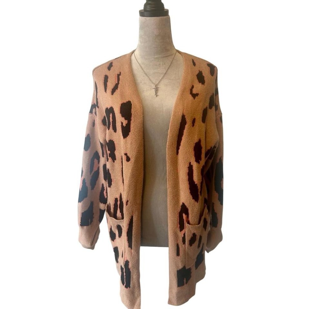 Leopard Print Open-Front Cardigan - Camel/Black